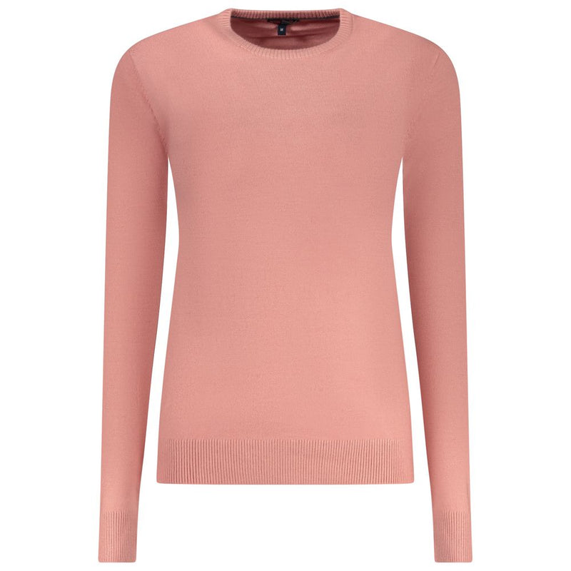 Pink long-sleeved knit sweater for women with a round neckline and ribbed hem