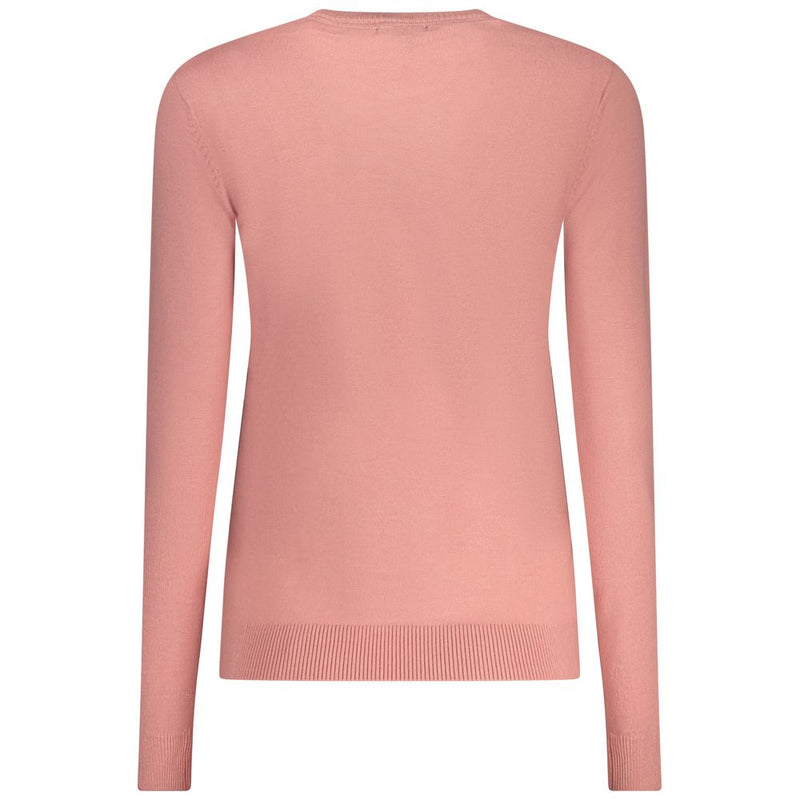 Pink knit long-sleeve women's top viewed from behind
