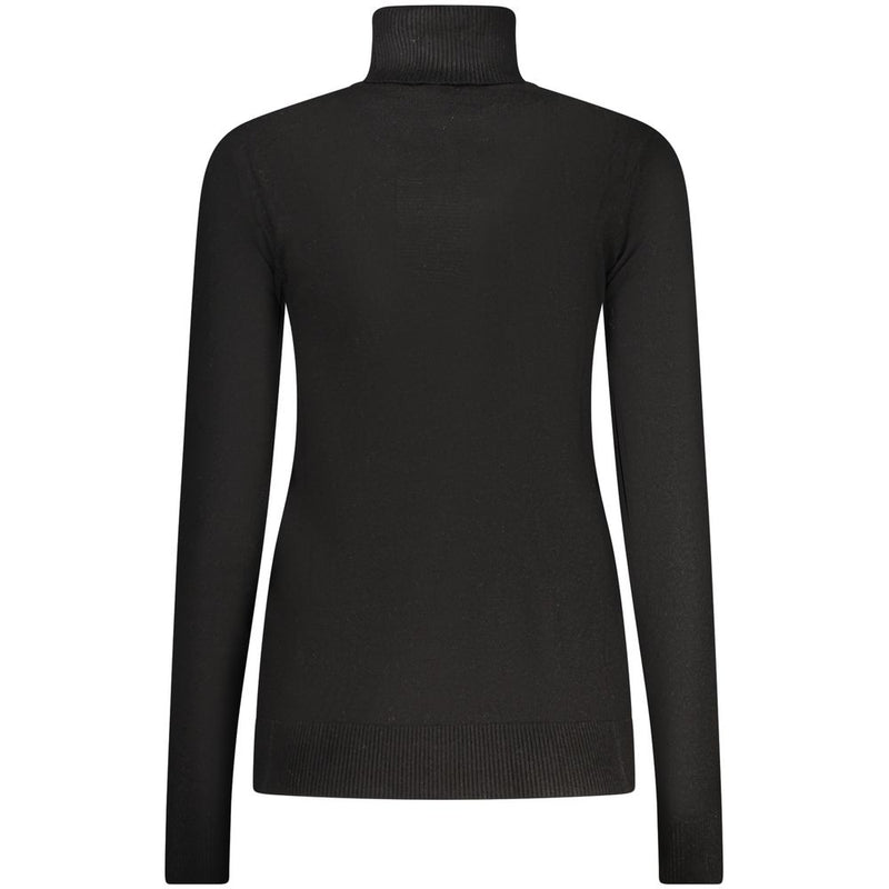 Black viscose women's turtleneck sweater with long sleeves shown from behind