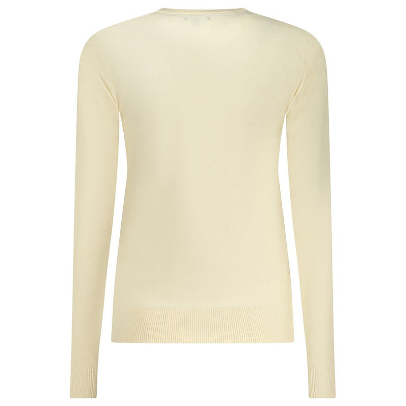 Back view of a plain off-white long-sleeve knit viscose sweater