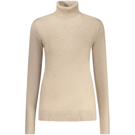 Beige viscose women's turtleneck sweater with long sleeves and ribbed knit trim