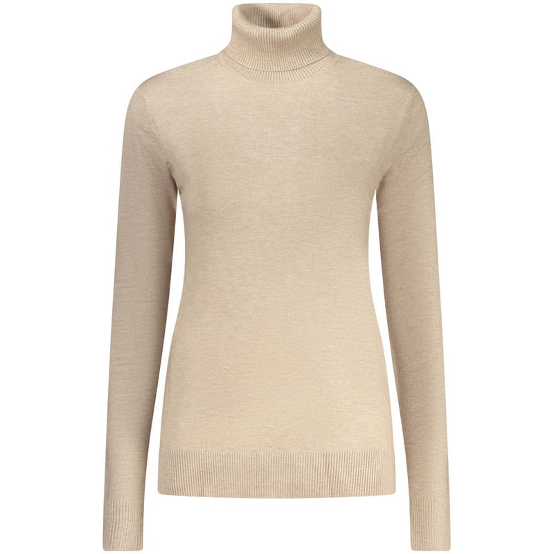 Beige viscose women's turtleneck sweater with long sleeves and ribbed knit trim
