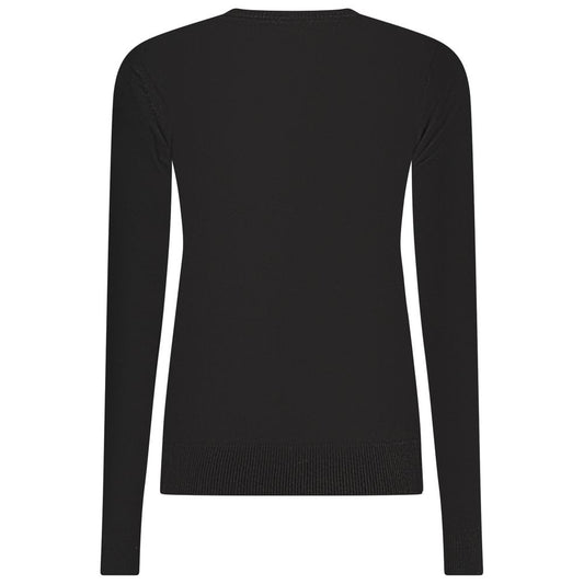 Black long-sleeve women's sweater made of smooth knit viscose with a ribbed hem and cuffs shown from the back