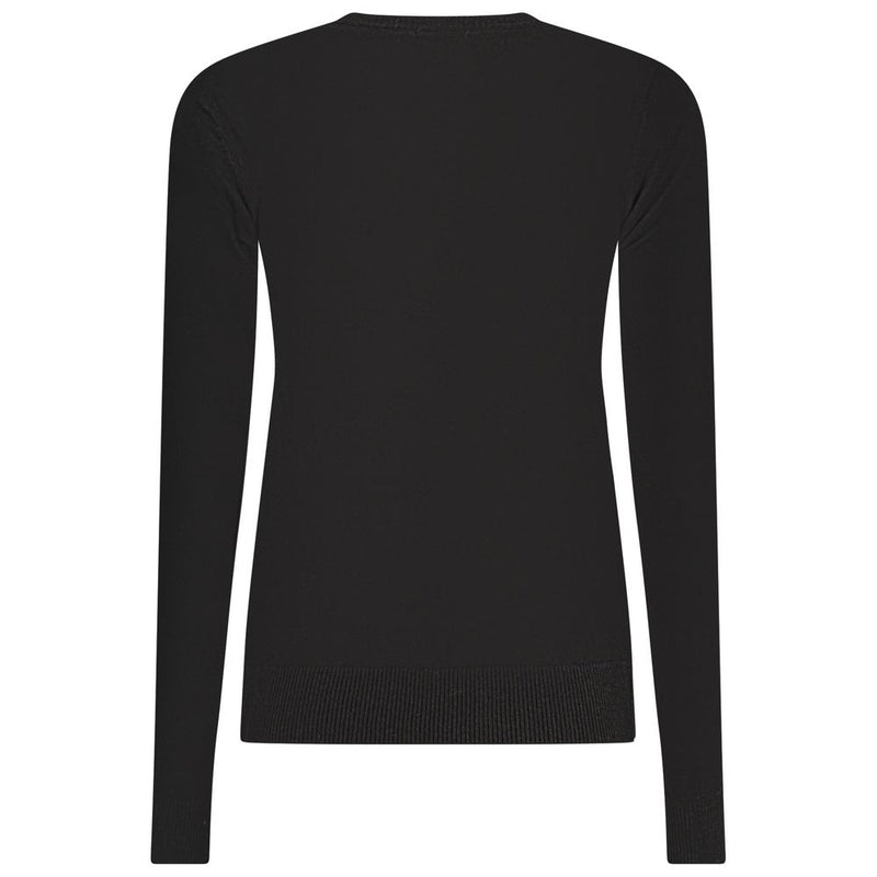 Black long-sleeve women's sweater made of smooth knit viscose with a ribbed hem and cuffs shown from the back