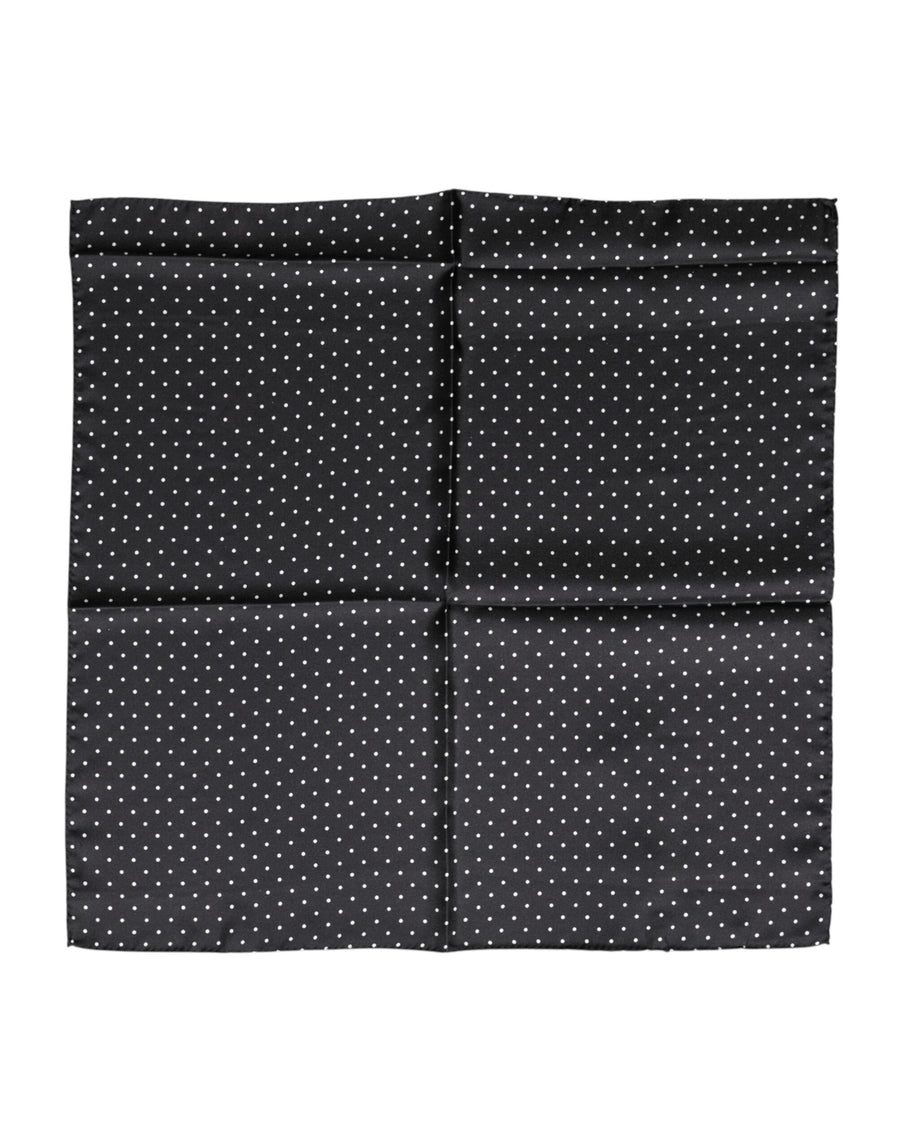 Black silk square foulard scarf with a white polka dot pattern