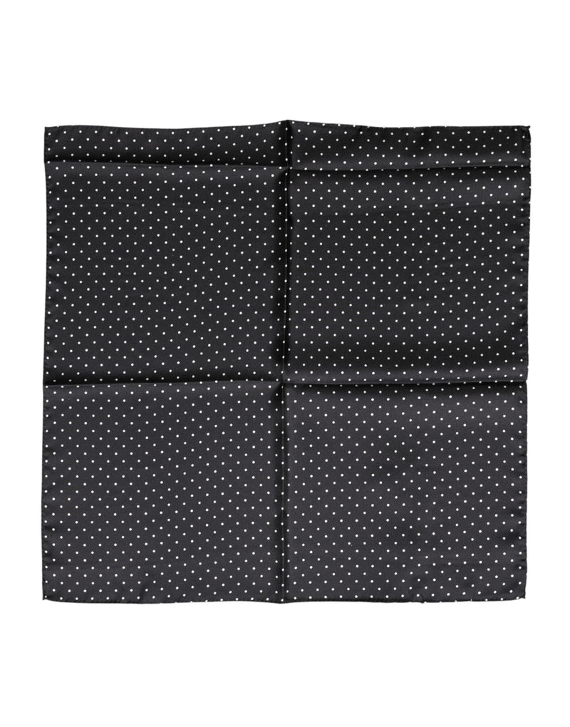 Black silk square foulard scarf with a white polka dot pattern