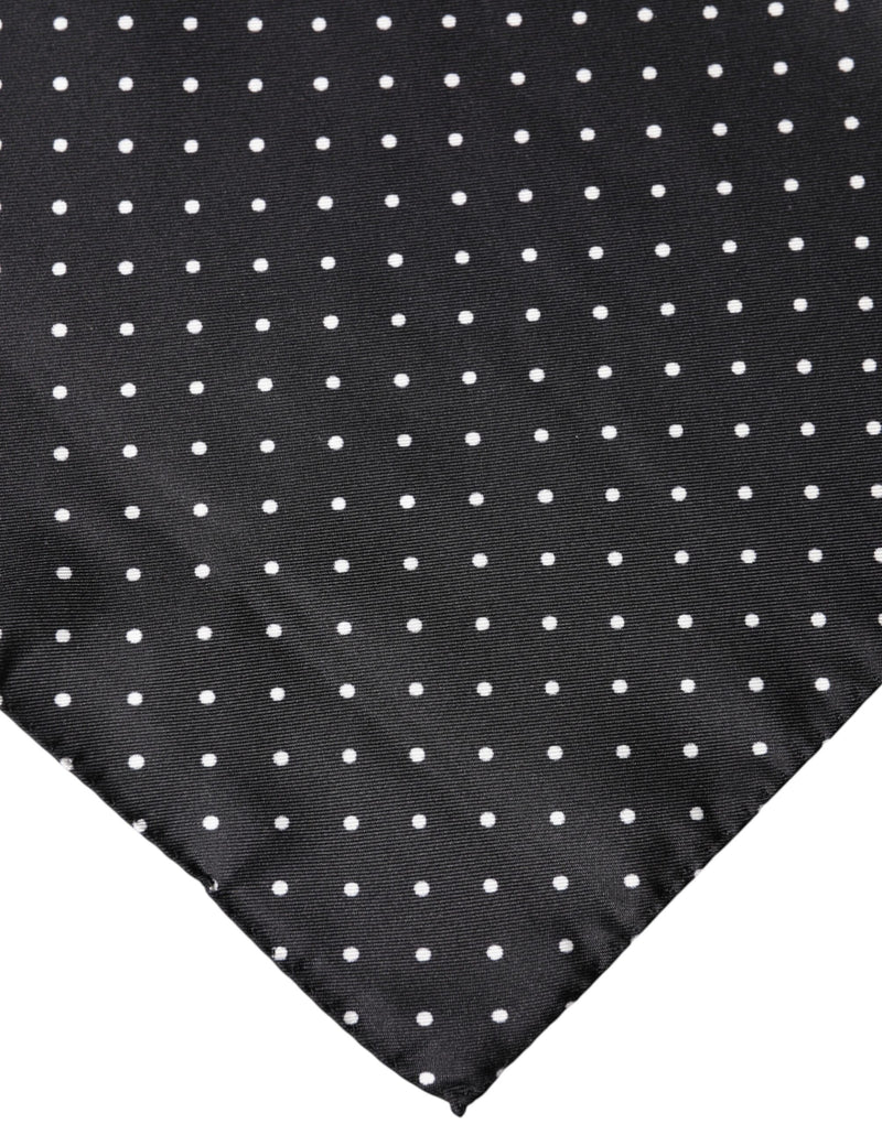 Black silk square foulard scarf with a white polka dot pattern