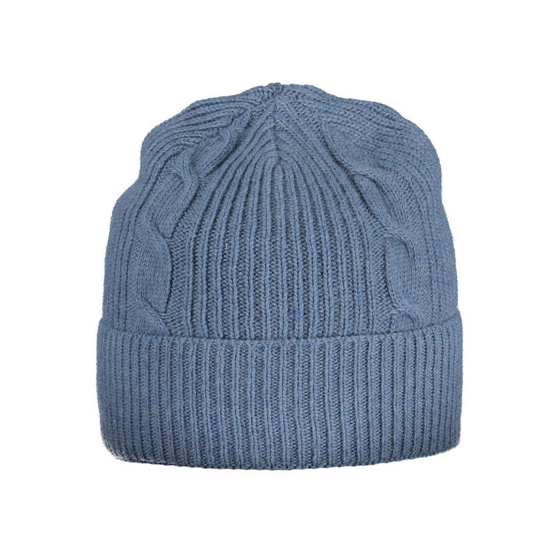 Blue knit beanie with cable knit and ribbed cuff