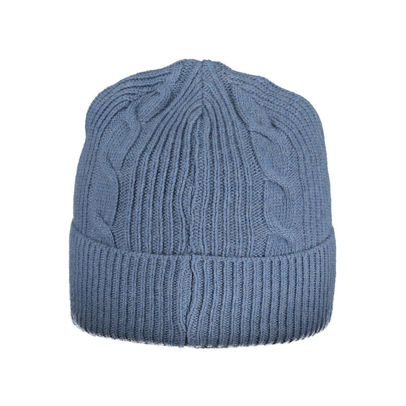 Blue cable-knit polyamide women's beanie with a cuffed brim