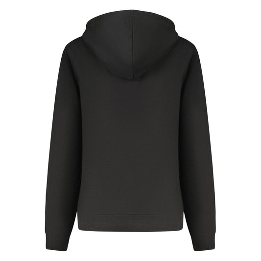 Back view of a plain black cotton women's hoodie with an attached hood