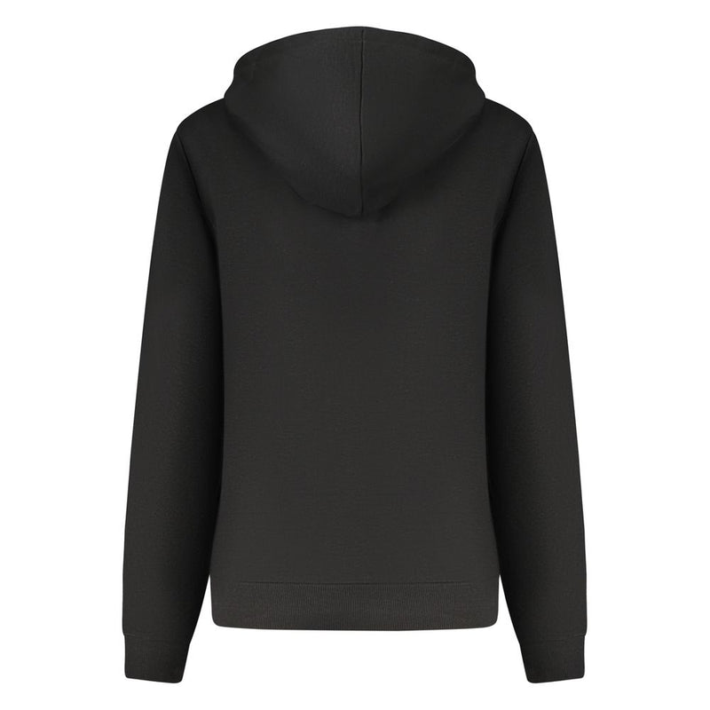 Back view of a plain black cotton women's hoodie with an attached hood