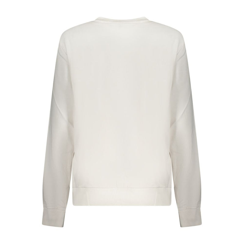 Back view of a white cotton women's crewneck sweatshirt with long sleeves