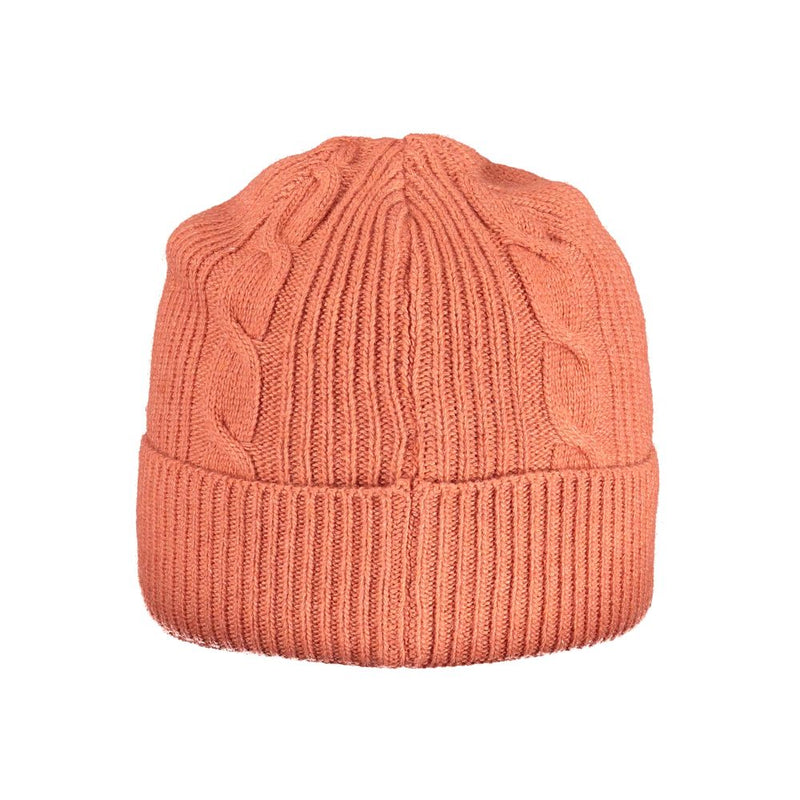 Coral red cable knit beanie with a folded brim