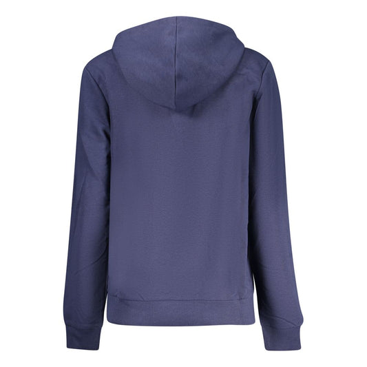 Back view of a plain blue organic cotton women's hoodie with a hood