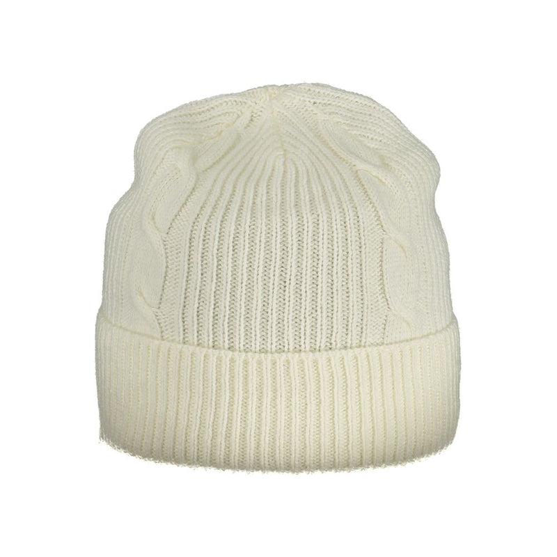White knitted cable-knit polyamide beanie hat with a ribbed fold-over cuff