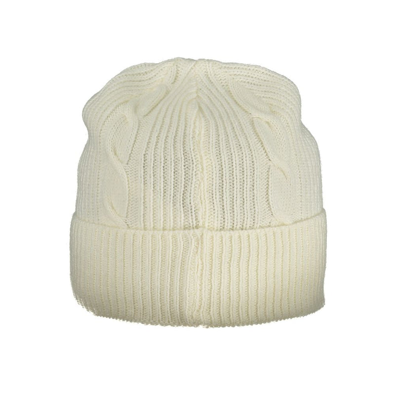 White knit beanie hat with cuffed brim and cable-knit texture