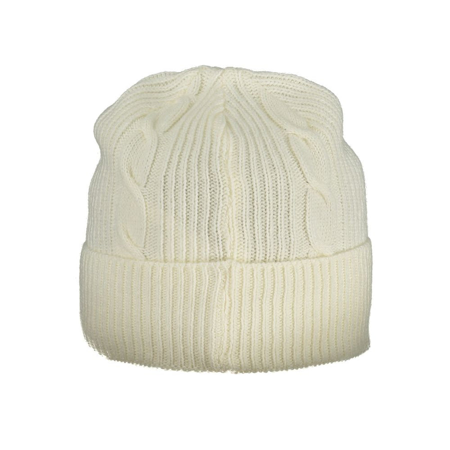 White knitted cable-knit polyamide beanie hat with a ribbed fold-over cuff