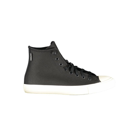 Black Converse high-top sneaker in textured leather with a white rubber sole and toe cap.