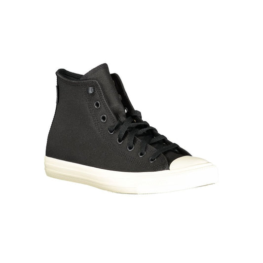 Black leather Converse high-top sneaker with a white rubber sole.
