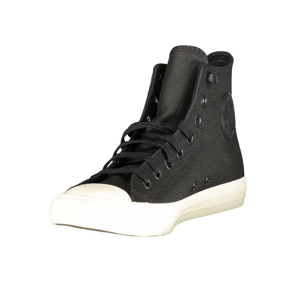 Black high-top Converse sneaker in textured leather with a white rubber toe cap and sole.
