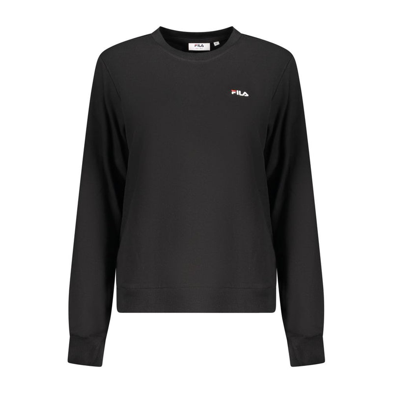 Black cotton crewneck sweatshirt for women with long sleeves and a small Fila logo on the chest