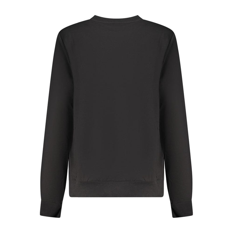 Back view of a plain black cotton women's crewneck sweatshirt