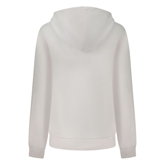 Back view of a white cotton women's hooded sweatshirt with long sleeves