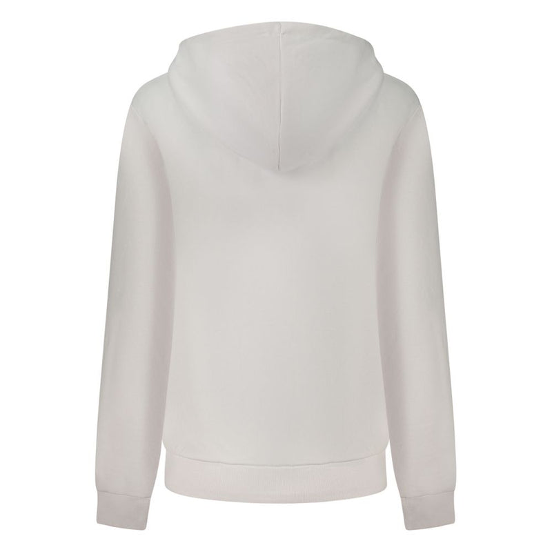 Back view of a white cotton women's hooded sweatshirt with long sleeves