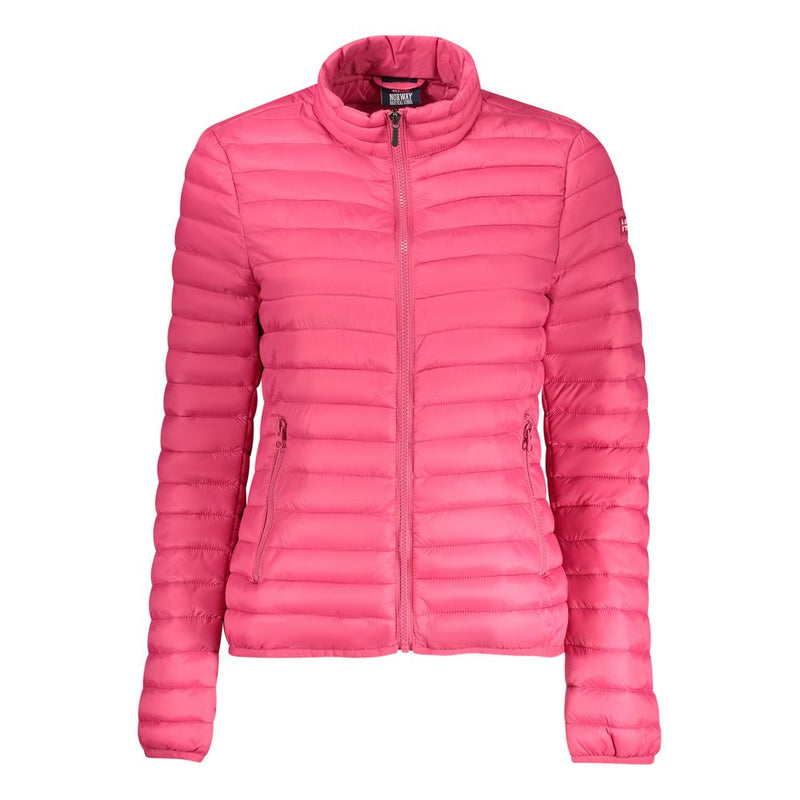 Bright pink quilted puffer jacket in lightweight nylon with a high collar and front zipper