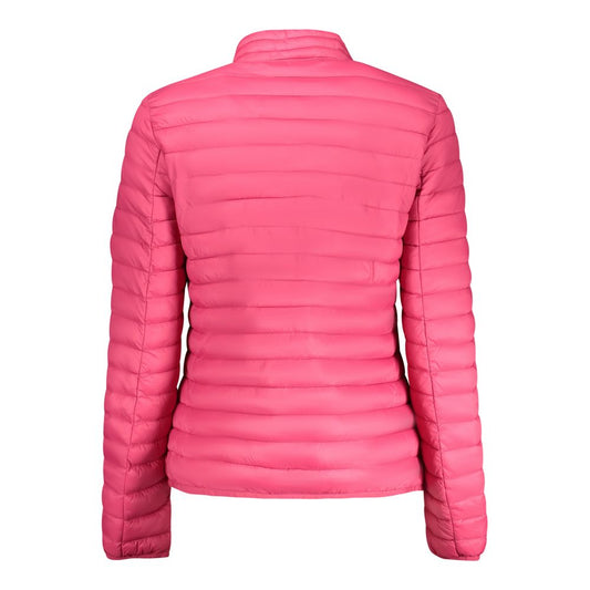 Back view of a pink quilted nylon puffer jacket for women