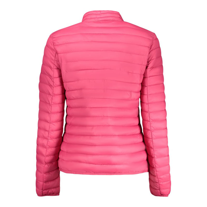 Back view of a pink quilted nylon puffer jacket for women