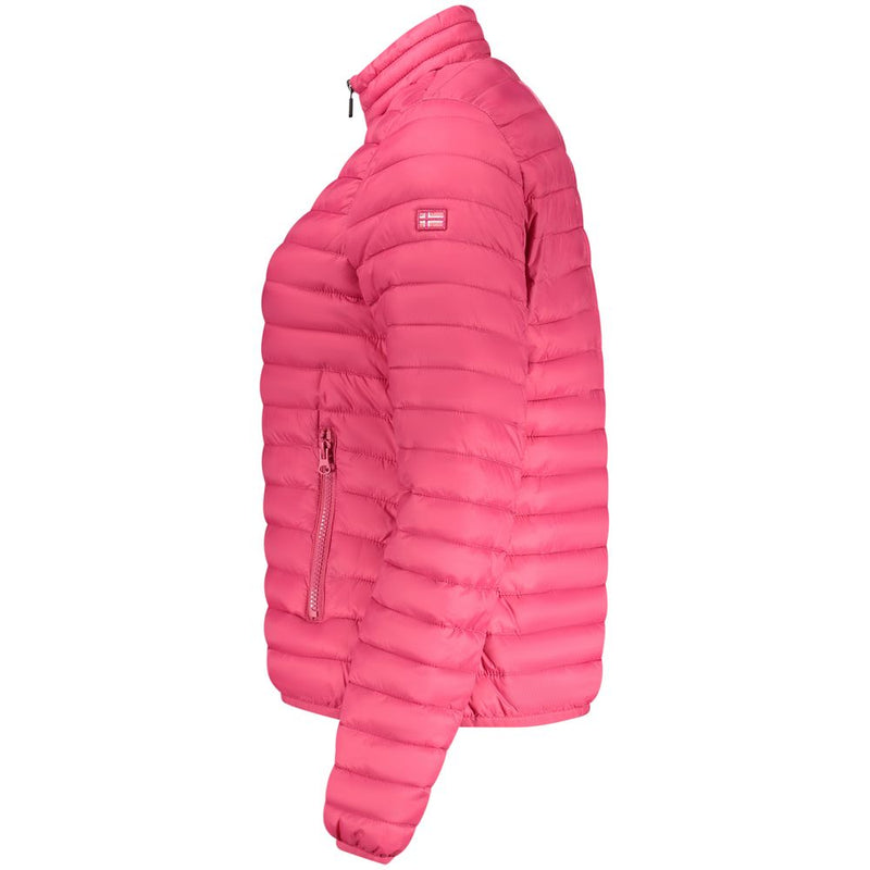 Bright pink quilted nylon puffer jacket for women with high collar and side zip pockets