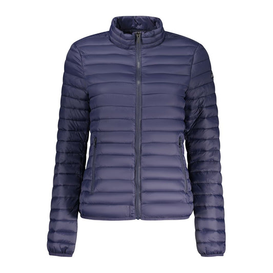 Dark blue polyamide quilted women's puffer jacket with a high collar and front zipper
