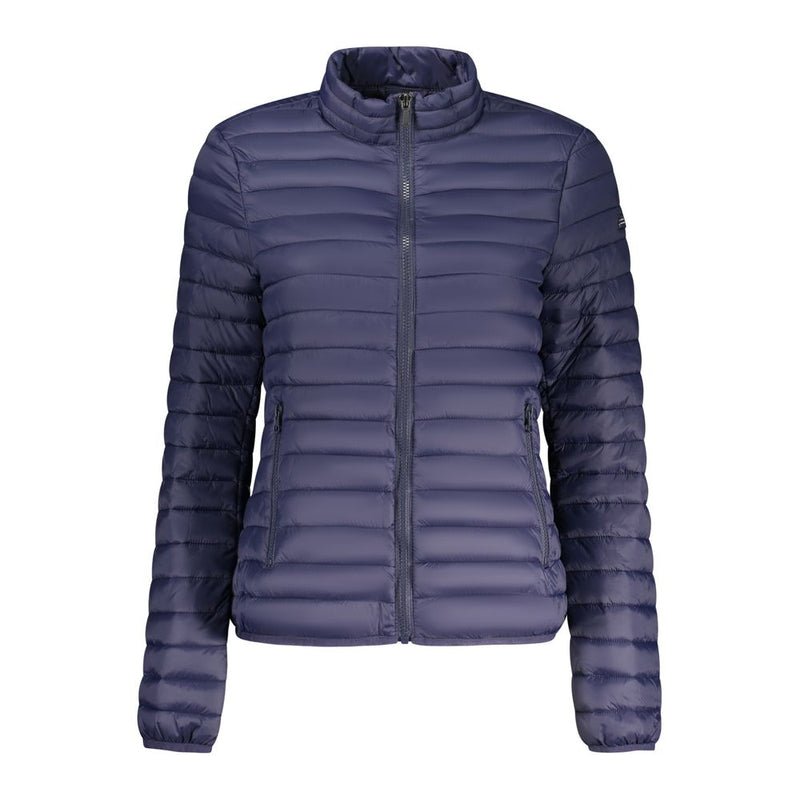 Dark blue polyamide quilted women's puffer jacket with a high collar and front zipper