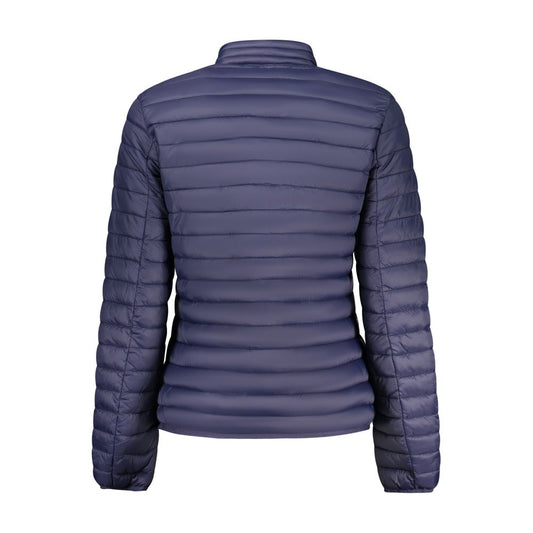 Back view of a navy blue nylon puffer jacket for women with horizontal quilting