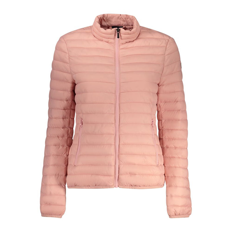 Pink quilted nylon women's puffer jacket with a high collar and front zipper