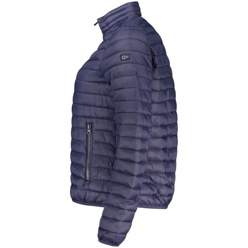 Dark blue polyamide quilted puffer jacket for women with high collar and zippered pockets