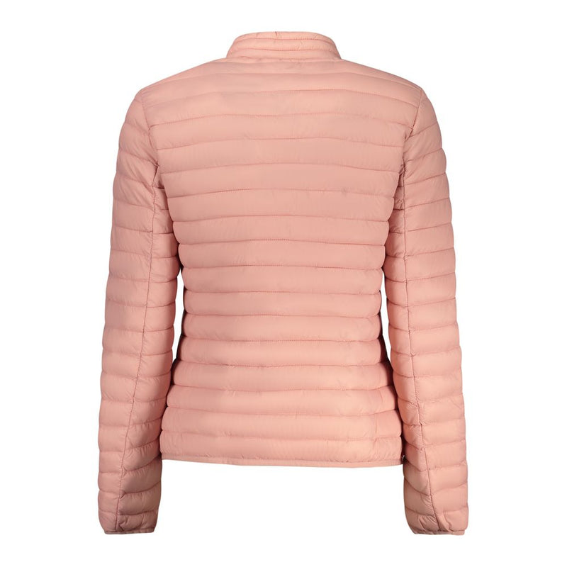 Back of pink padded polyamide women's puffer jacket with horizontal quilting