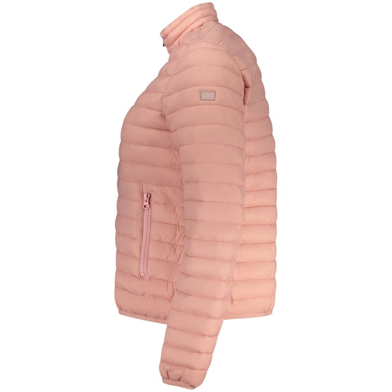 Side view of a pink quilted nylon puffer jacket with a high collar and zipper pockets for women