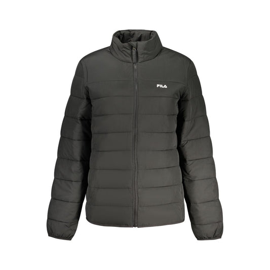 Black polyester women's puffer jacket with a high collar and zipper