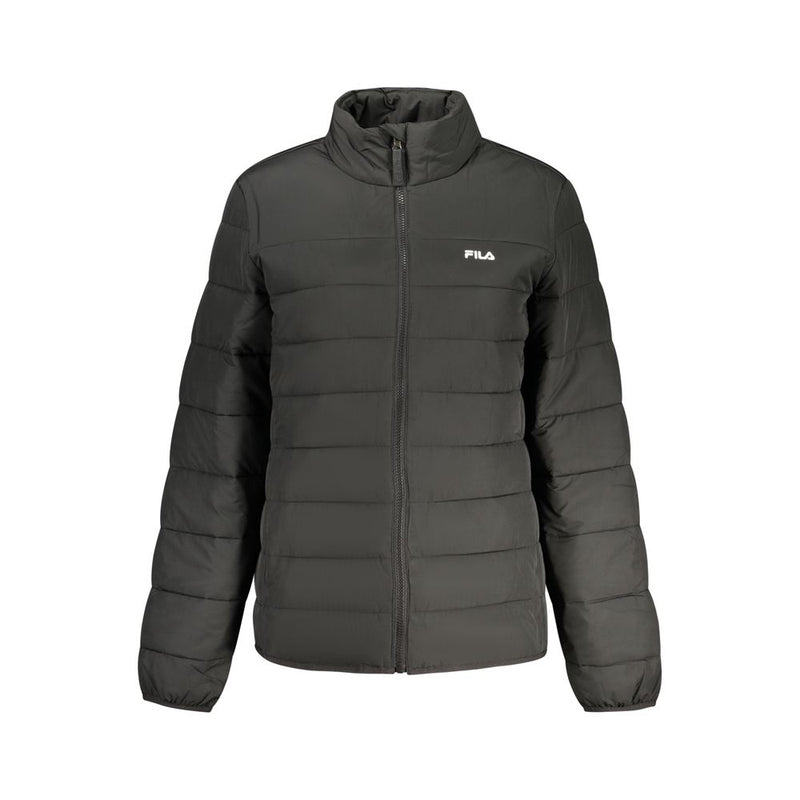 Black polyester women's puffer jacket with a high collar and zipper