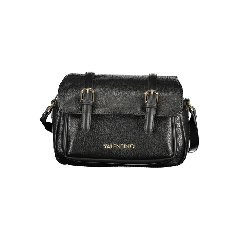 Black polyurethane messenger bag with flap closure and double decorative buckles