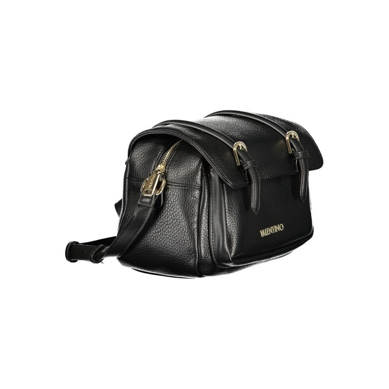 Black textured polyurethane crossbody bag with a front flap, dual straps, gold-tone hardware, and a zipper closure