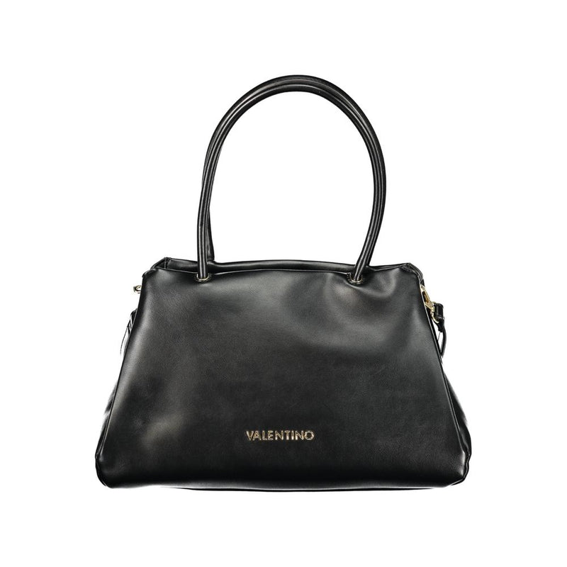 Black polyurethane women's handbag with structured shape and top handles