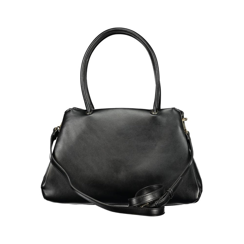 Black polyurethane structured women's handbag with dual handles and a crossbody strap