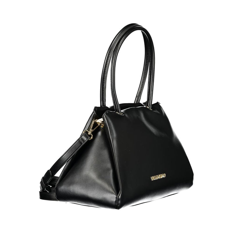 Black polyurethane Mario Valentino women's structured tote bag with dual top handles and gold logo lettering