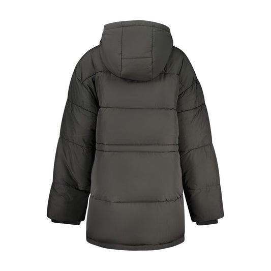 Back view of a black polyester hooded puffer jacket for women