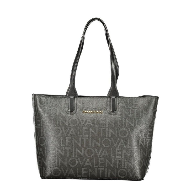 Black polyurethane tote bag with double shoulder straps and white Valentino brand pattern print