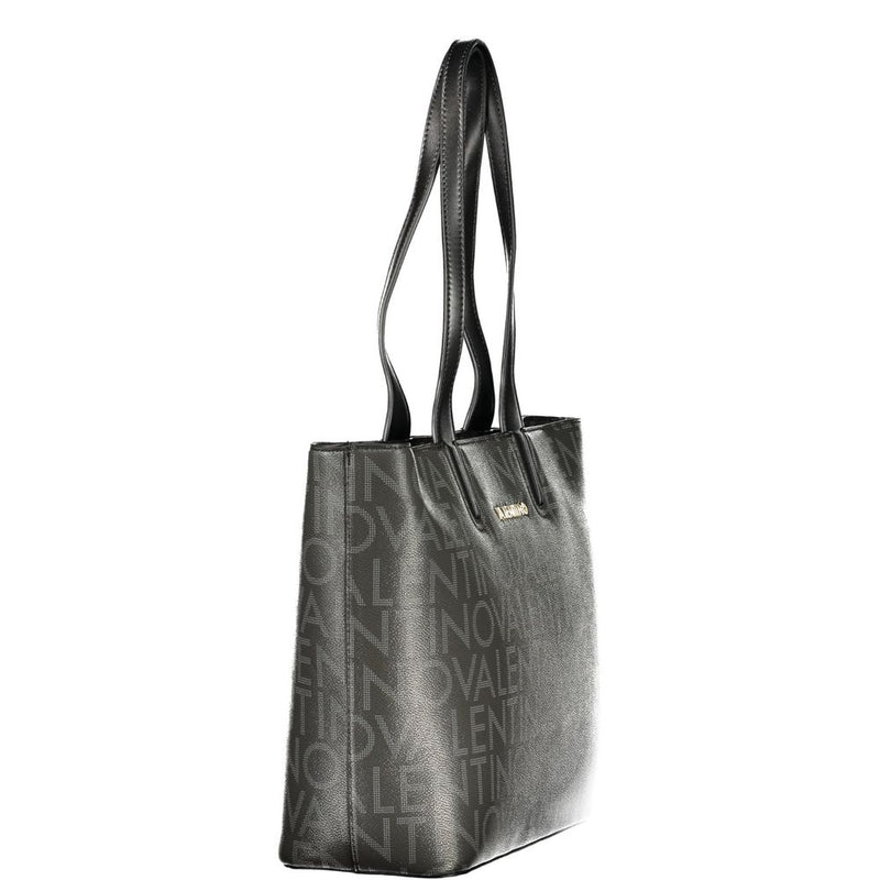 Black polyurethane tote bag with double shoulder straps and debossed logo pattern