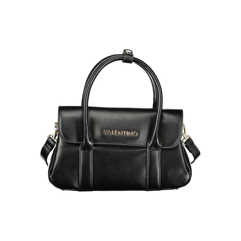 Black polyurethane structured handbag with top handles and gold lettering